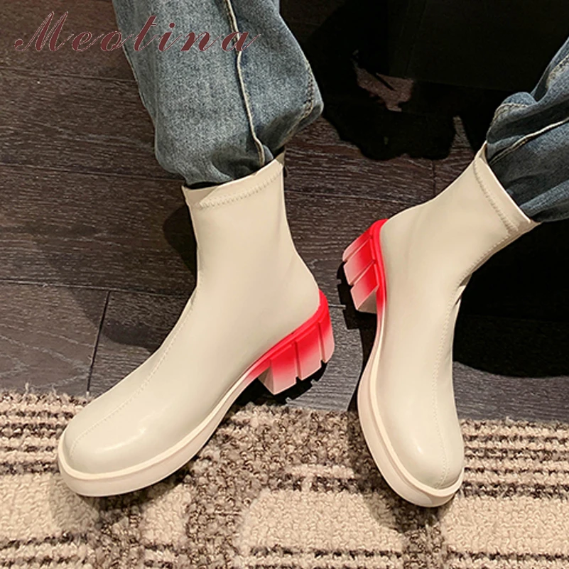 

Meotina Women Genuine Leather Ankle Boots Round Toe Chunky High Heel Zipper Ladies Fashion Short Boot Autumn Winter Shoes Beige