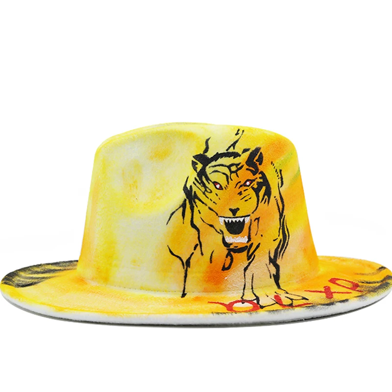 New Fedora hat wolf graffiti Letter woolen hat Korean style tide men and women wide brim top hat British jazz hat church hat