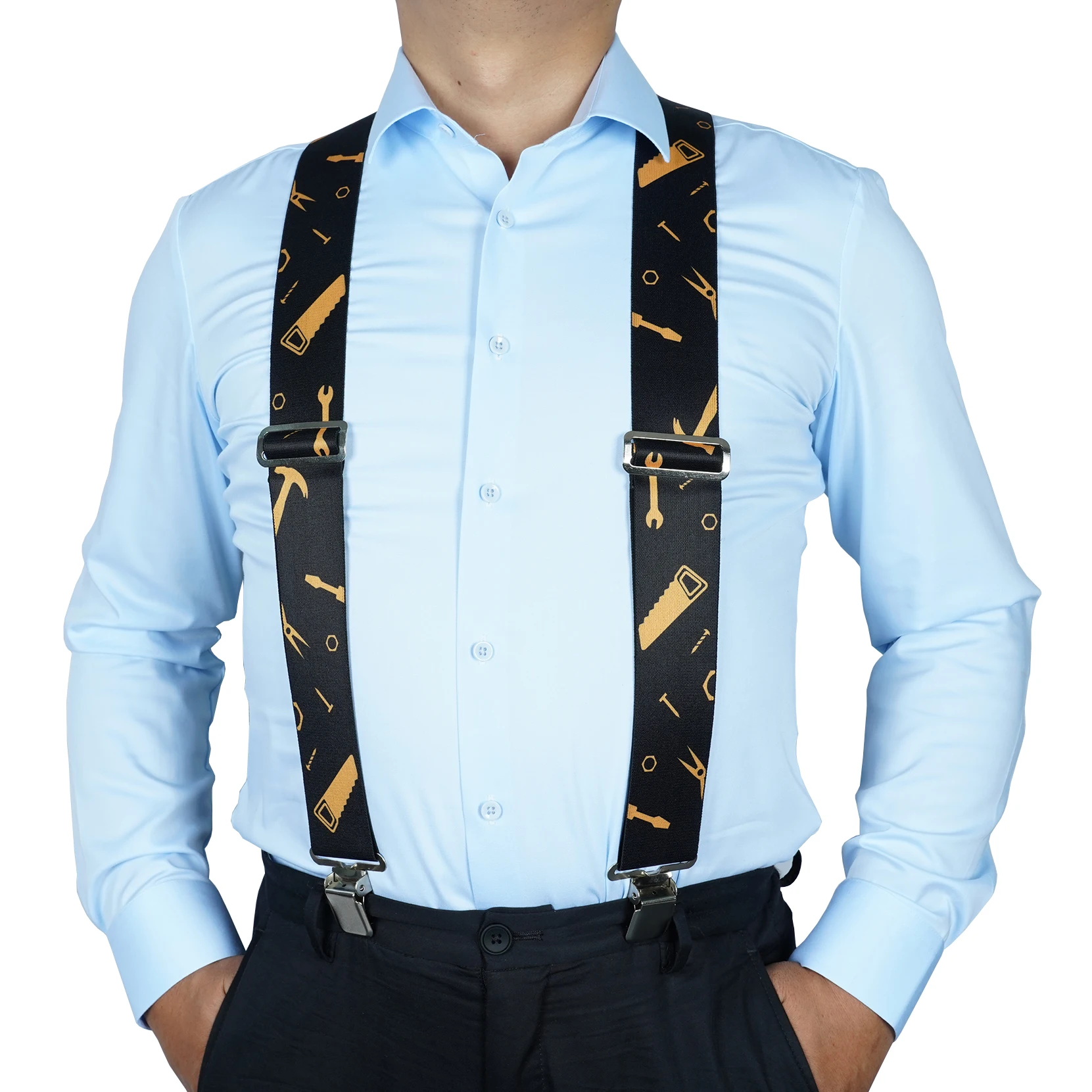 KUNN Men Suspender Tape Measure Pattern Suspender Fully Strength Elastic with Heavy Duty Clip Ruler Suspenders