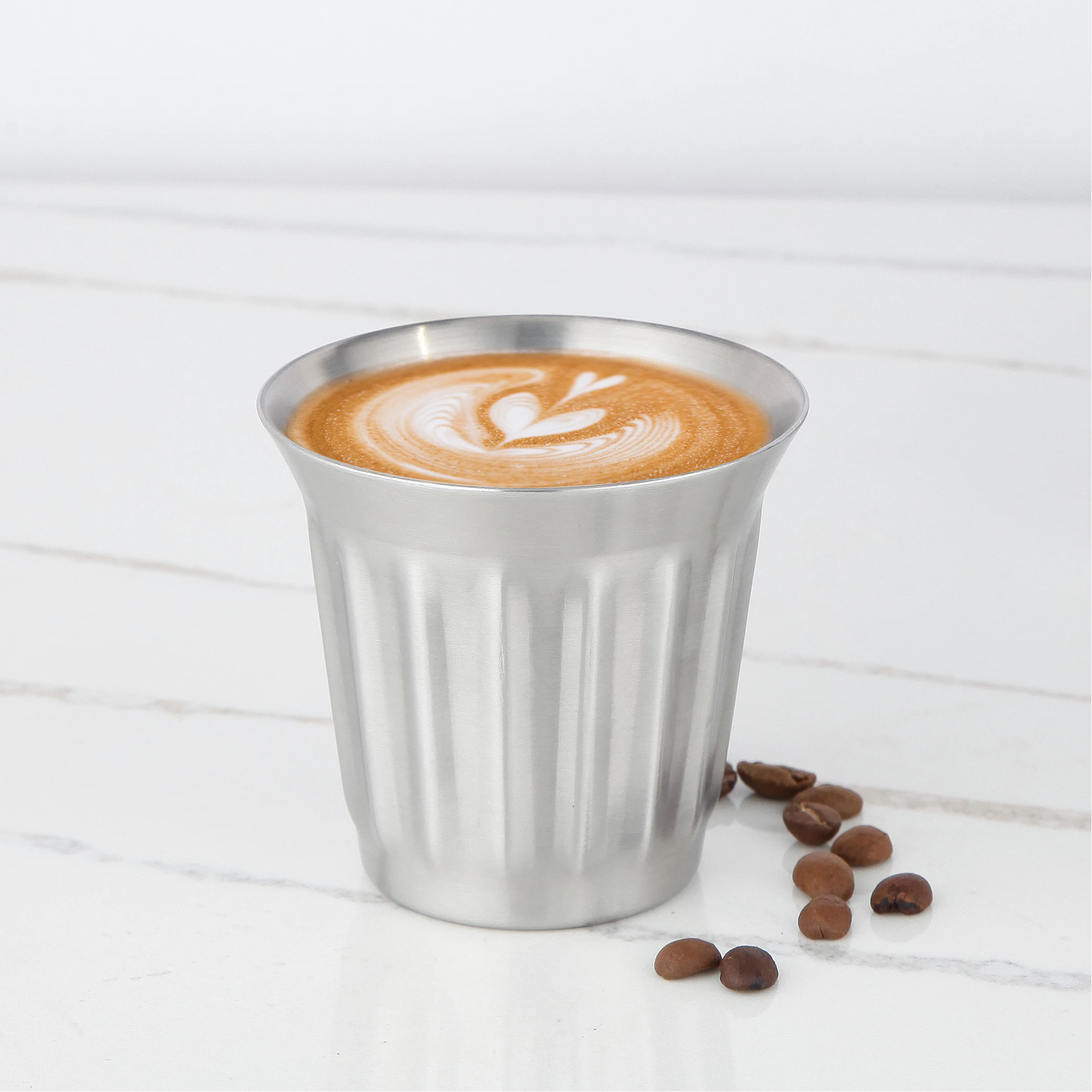 Easyworkz Stainless Steel Double-Wall Espresso Cups 5 oz/150 ml Set of 2, Vertical Stripe Design