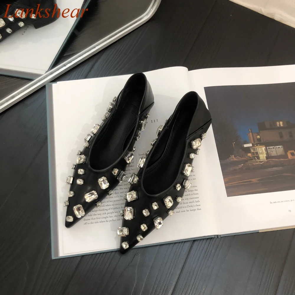 

Pointed Toe Square Diamond Women Shoes Flat Sole Solid Shallow Blingbling Fashion Sexy Party Square Heel 2024 New Arrivals