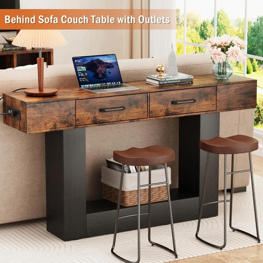 63 Long Console Table with LED Lights Charging Station2Tier Entryway Table with Drawers and Open Storage Shelf for Entry Way Fa