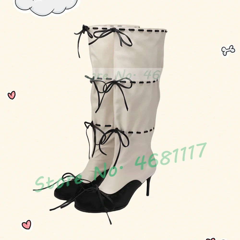 Black Sewing Bowknot White Long Boots Women Stylish Splicing Round Toe High Heels Knee Length Boots Pull On Elegant Party Shoes