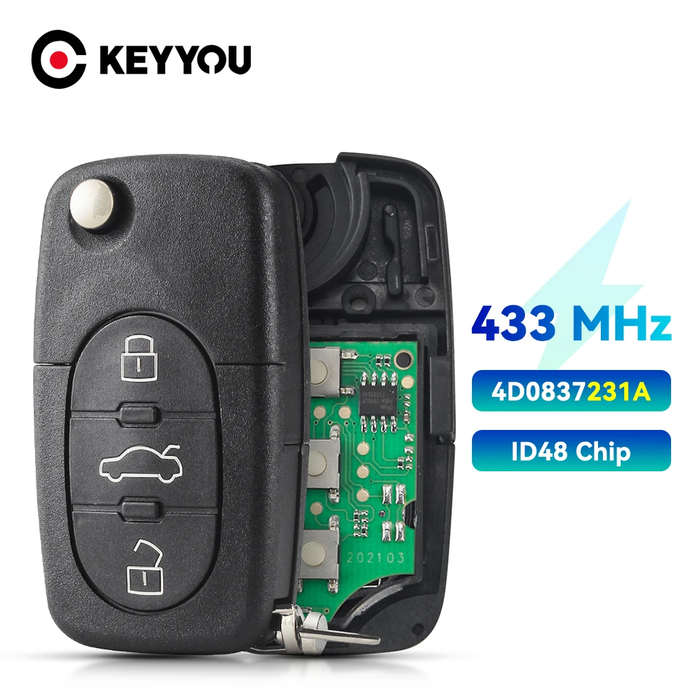 KEYYOU Remote Car Key 433Mhz ID48 Chip For AUDI 4D0837231A 4D0 837 231 A A3 A4 A6 A8 Old Models 1999 2000 2001 2002 3 Buttons