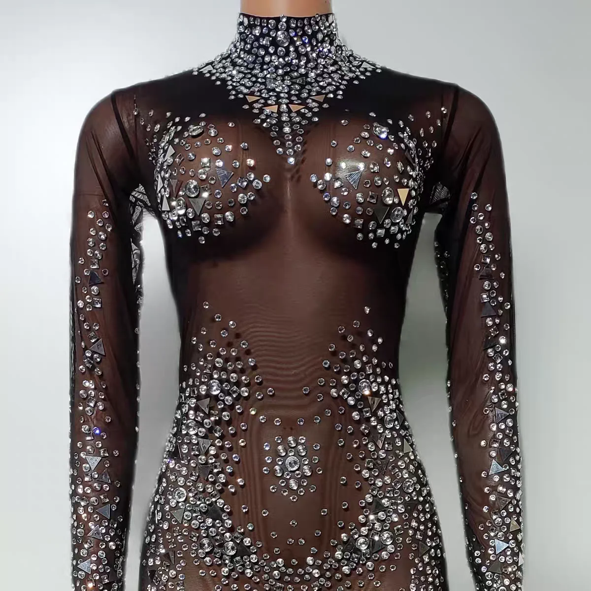 Discothèque DJ Bar femme chanteuse danseuse scène Costume Sexy Perspective maille plein diamant combinaison danse équipe fête thème spectacle