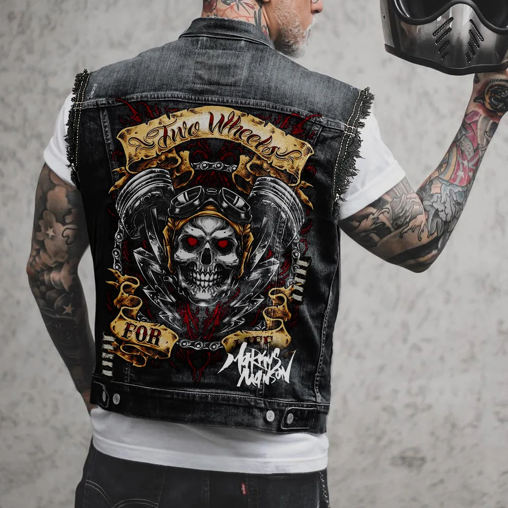 Men\'s Denim Vest 2024 New Skull Print Top Men\'s Tank Top Ropa Hombre Gym Clothing Men Denim Vest Motorcycle Vest Oversized S-6XL