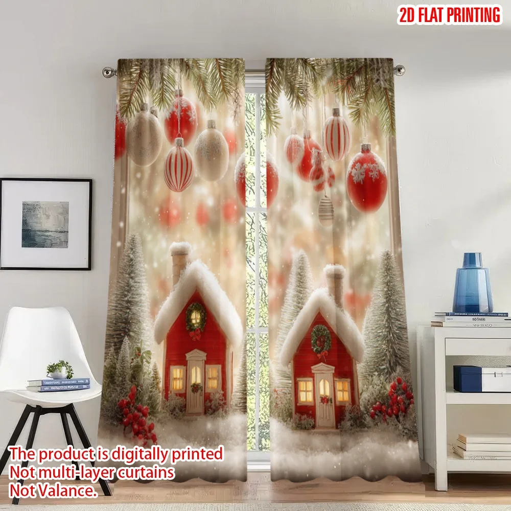 

2pcs 2D flat printing Happy Christmas fashion curtains Cozy Red Houses Snowfall Ornaments Digital Printed Polyester Drapes Party