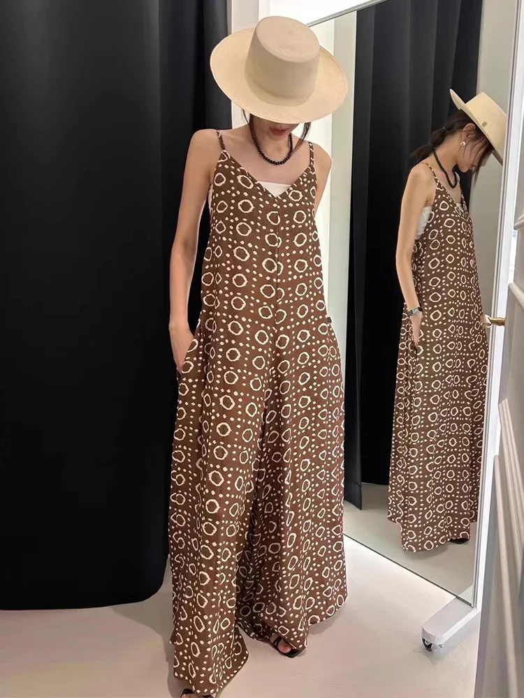 

Корейские шикарные летние свободные широкие брюки в этническом стиле в стиле ретро с геометрическим принтом, комбинезон на подтяжках, брюки и без бретелек в тон