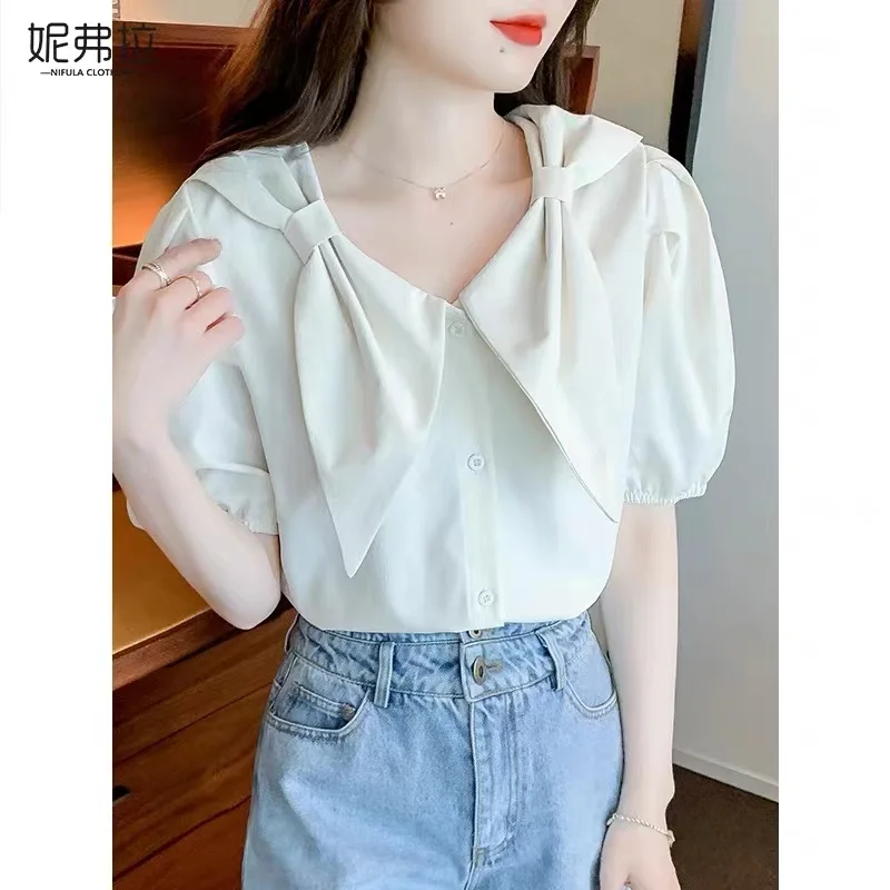 Korean Version Sweet V-neck Bowknot Deco Puff Sleeve Tops 2024 Summer New Solid Color Simple Versatile Shirts Women Clothing