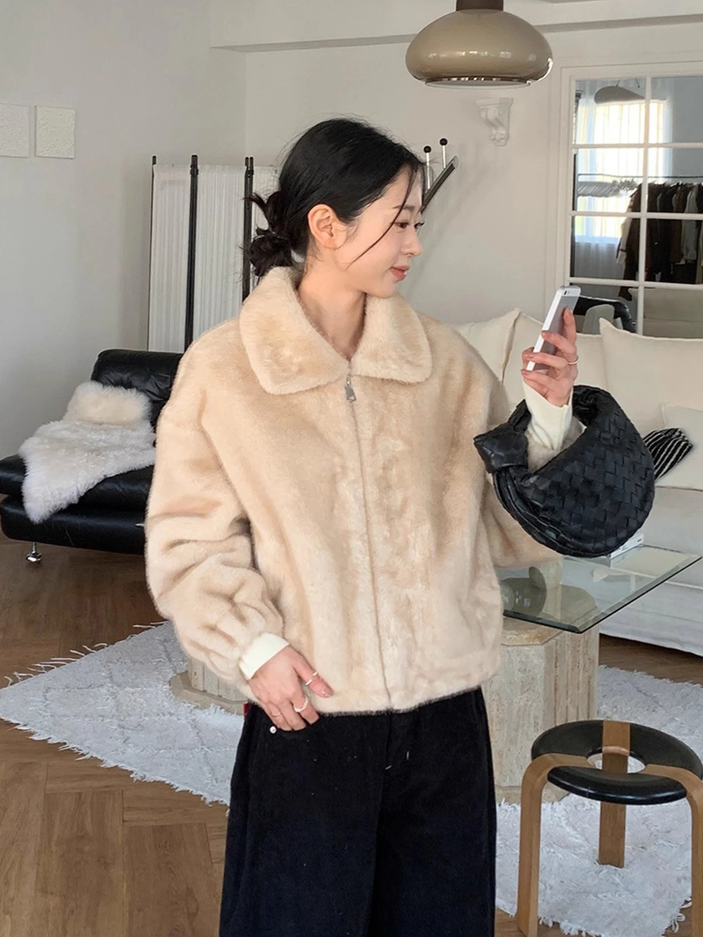   Or manteau de fourrure femme col chaud résistant à l'eau vêtements d'extérieur d'hiver coupe ample polyvalent coton intérieur Jaet