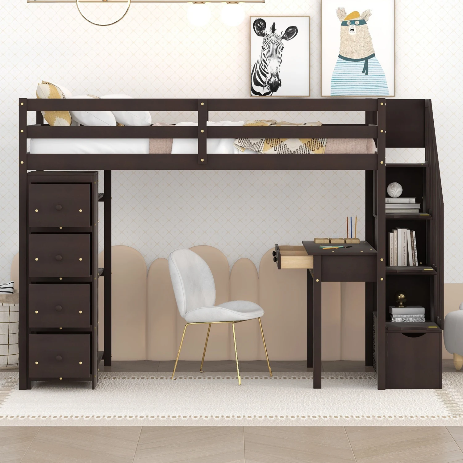 

Twin Loft Bed w/ Storage Drawers, Desk, Stairs & Shelves - Espresso