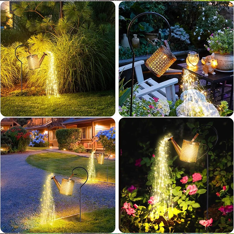 Solar Watering Can Light With 64 LED Fairy Lights – Waterproof Outdoor Garden Decoration, Auto-On At Dusk, 8-10H Runtime, With Shepherd Hook & Hollow Metal Design