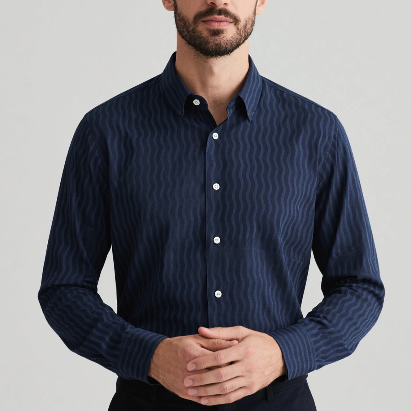 Men's new simple business fine-line wave graphic shirt long-sleeved lapel soft comfortable fabric shirt street vacation clothes