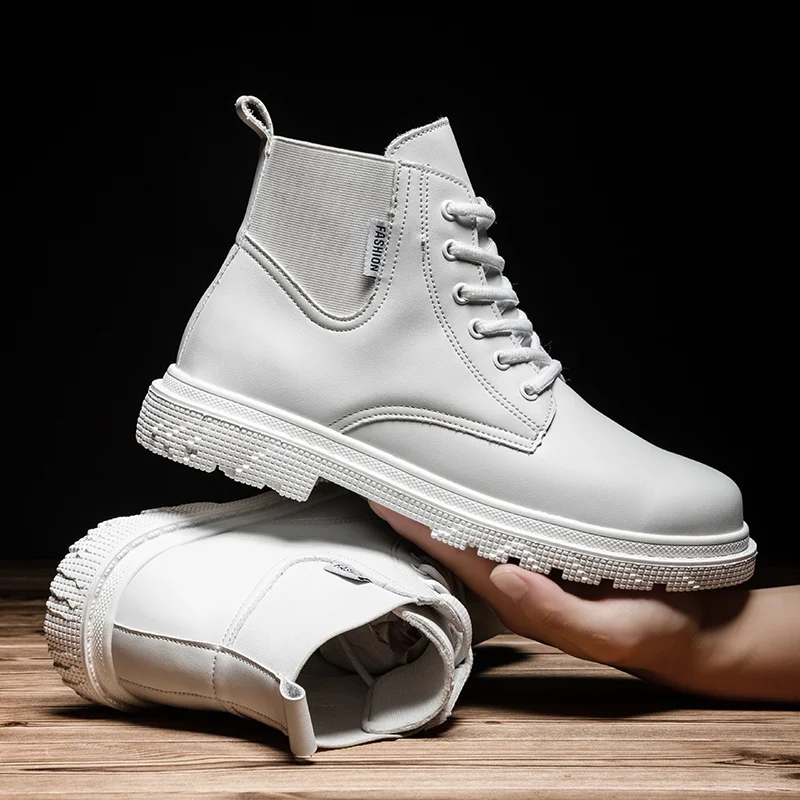 

British Style Couple White Boots Comfortable High-Top Ankle Boots Men Leather Boot Lace-Up Flat Women's Cowboy Boots botas mujer