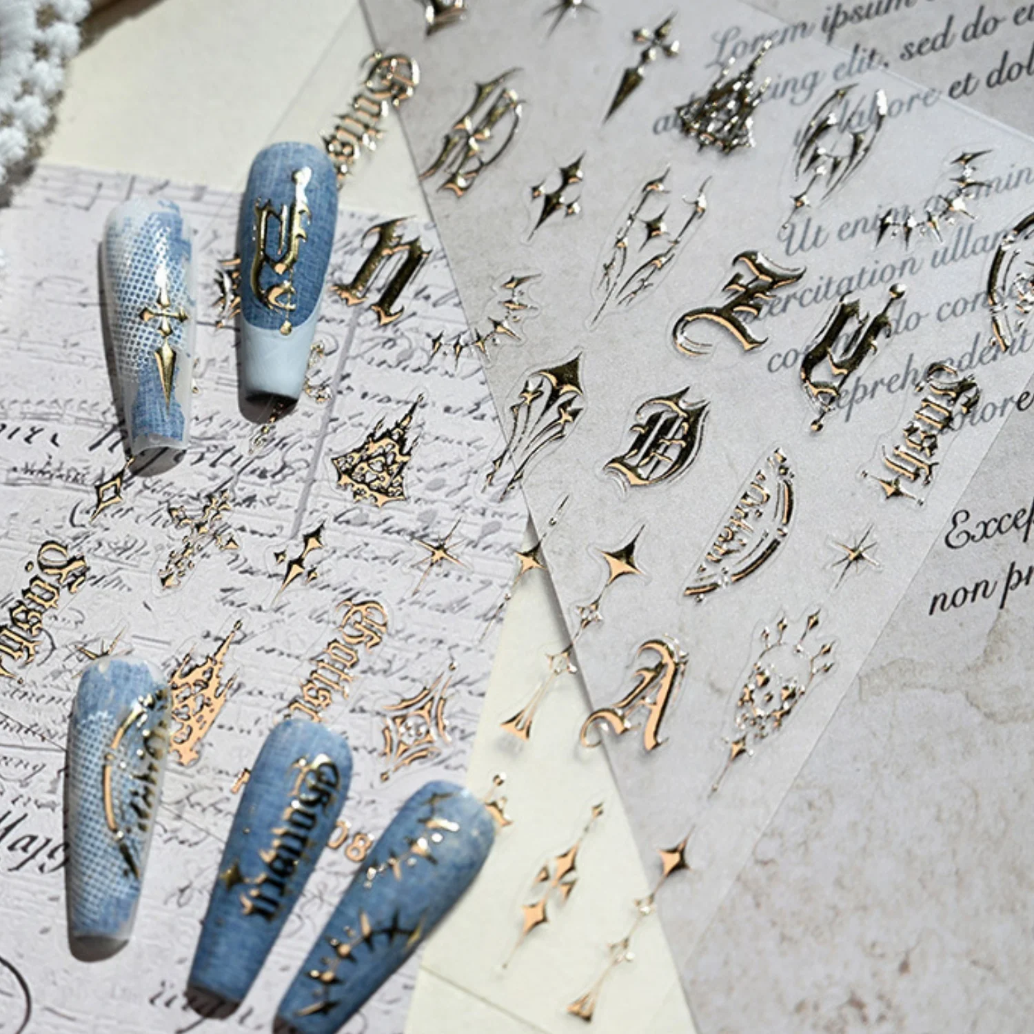 

5D Gothic Roman English Letter Skeleton Dark Rose Star Sword Wing Rivet Legend Dreamy Delicate Nail Art Stickers Manicure Decals