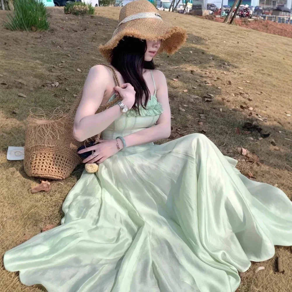 

Summer Retro Purple Sexy Backless Long Dresses Sleeveless Ruffles Slip Simple A-Line Prom Dress Slim High Waist Vintage Dress