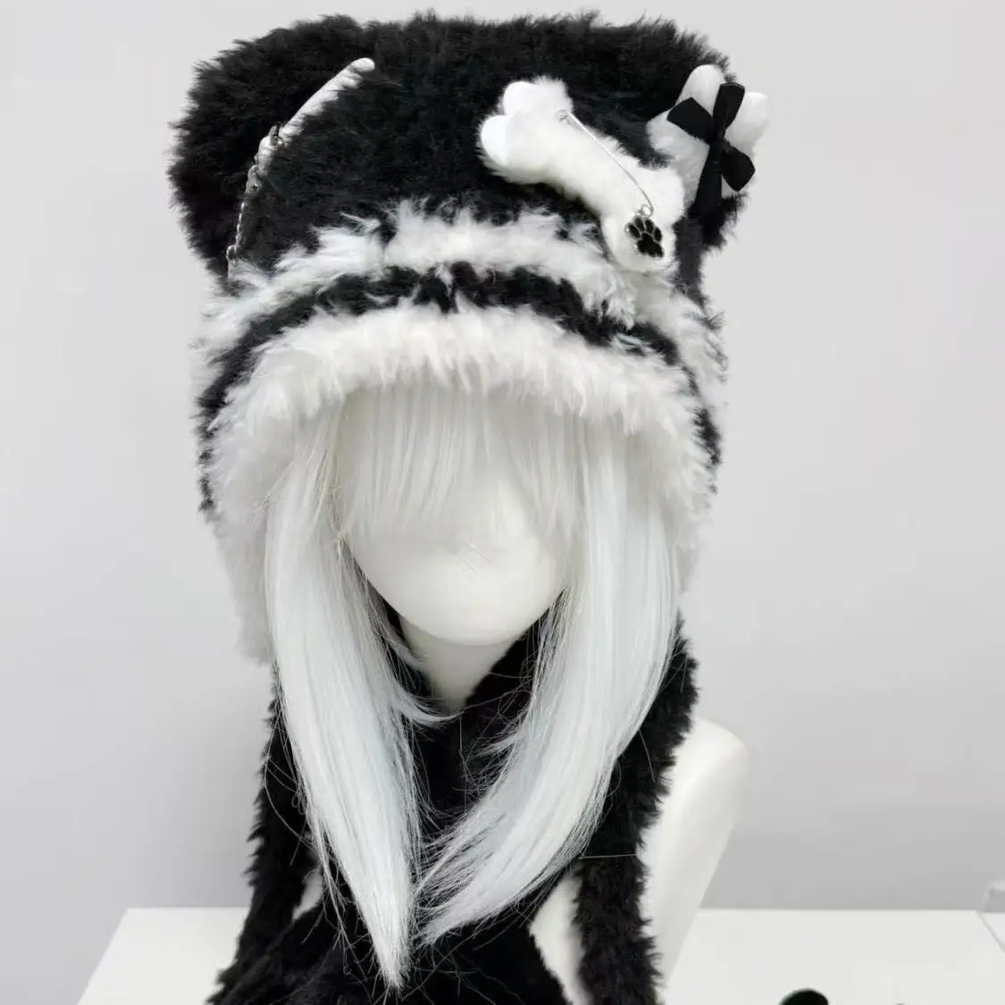 Y2K Girls Women Japanese Harajuku Hat Gothic Cute Bear Ear Winter Warm Fluffy Bone Hat Keep Warm Subculture Steampunk Beanie Hat