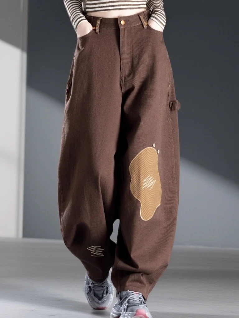 

Модные джинсовые брюки с высокой талией для похудения, вышитые лоскутные широкие брюки, повседневные укороченные джинсы с высокой талией