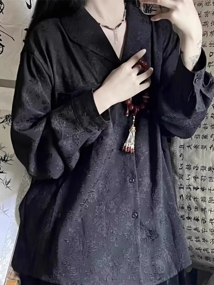 Women Black Gothic Chinese style Blouses and Shirts Y2k Gyaru Emo Blouse Elegant Vintage Long Sleeve Shirt for Women Autumn 2026 view 3