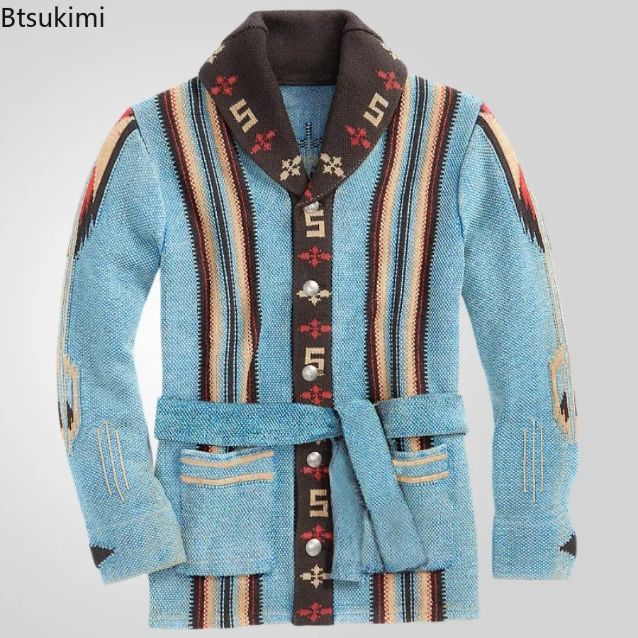 Winter New Men Thickened Sweater Cardigan Mid-length Retro Heavy-duty Jacquard Sweater Men's Knit Cardigan Lace-up Sweater Coats