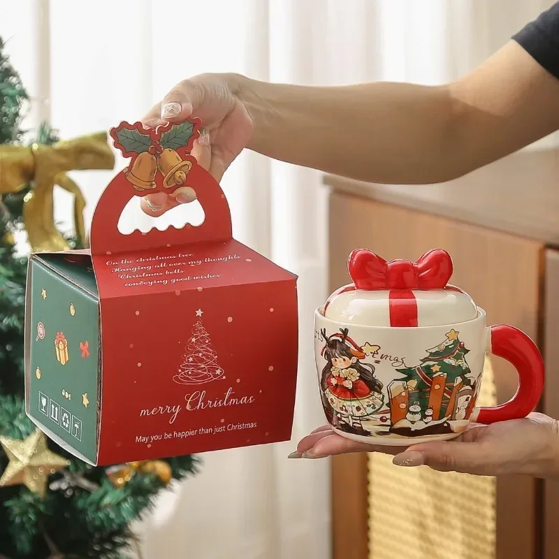 Christmas card ventilated ceramic mug with lid, high-quality appearance, suitable for home use, coffee cup, office Christmas cup