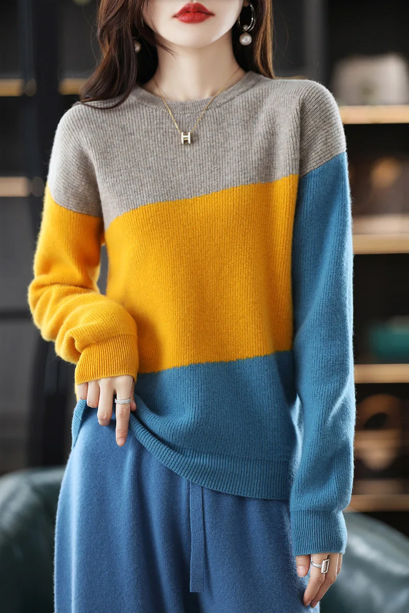 Fashion 100% Merino Wool Sweater Color-blocking O-Neck Cashmere Women Pullover Long Sleeve Comfort Leisure Clothing Tops