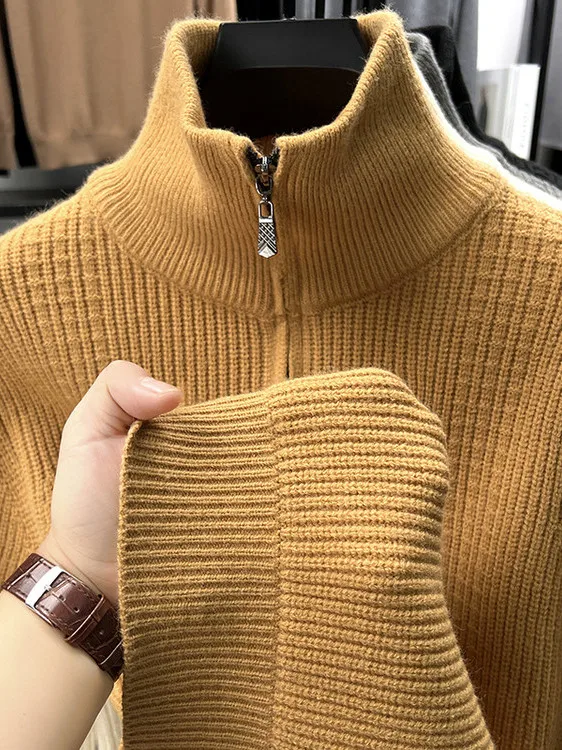 

Мужской вязаный свитер с высоким воротником на молнии, осенне-зимний, повседневный, в полоску, для ношения под одеждой