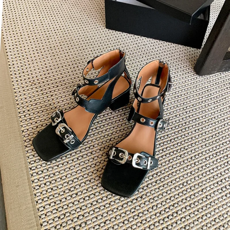 Buckle Strap Sandals Chunky Heels Women Shoes Zipper Style Sandalias Square Toe Pumps Summer Cozy New Rome Fashion INS Hot Sale