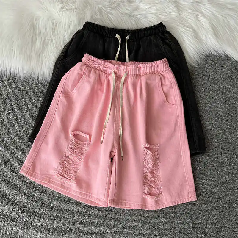 

Men's Fashion Ripped Denim Shorts American Casual Retro Solid Color Loose Elastic Waist Drawstring Male Streetwear Frayed Shorts