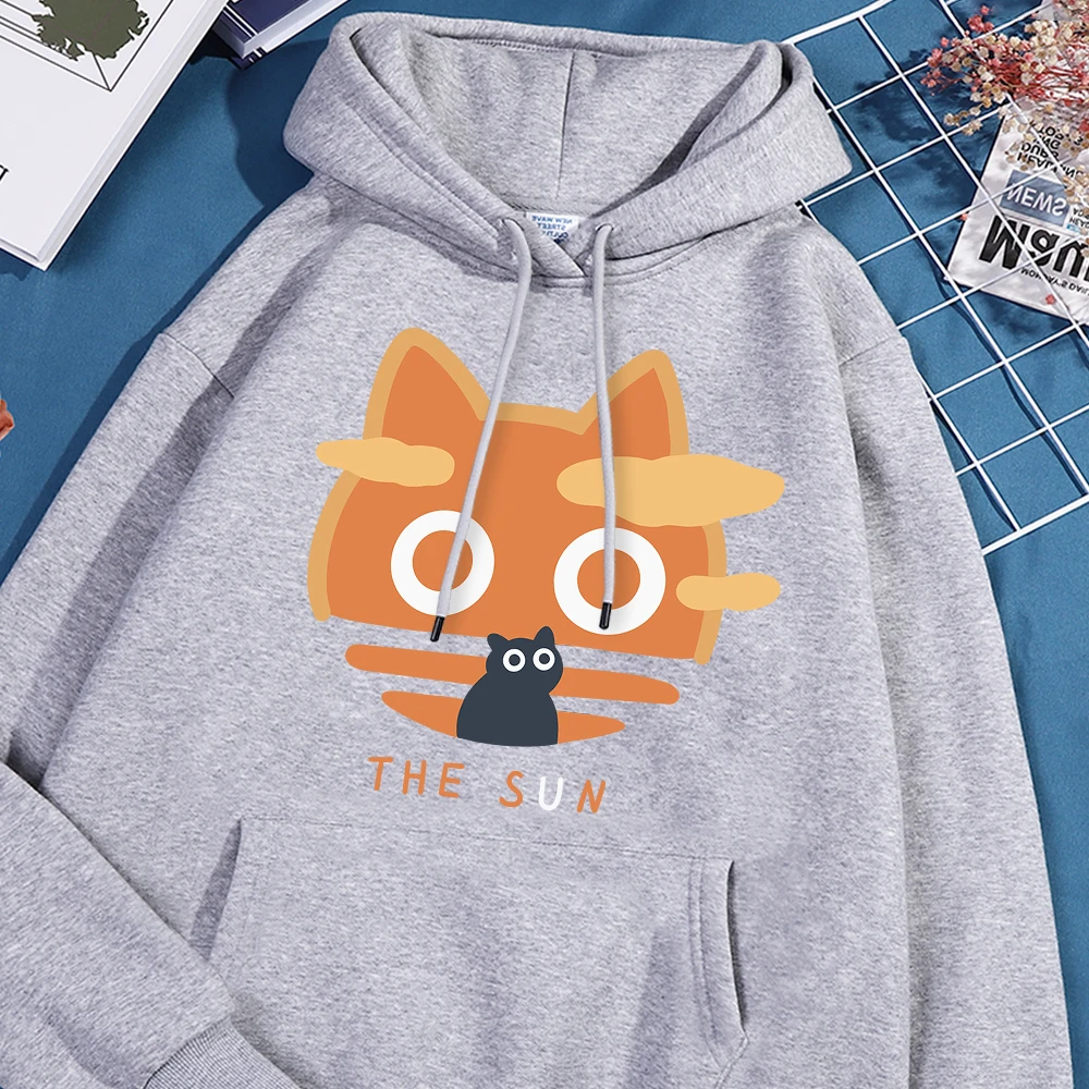 The Sun Orange Cat Fun Hoody Woman Fashion Fleece Sweatshirt Casual S-XXL Hooded Autumn Oversized Clothing