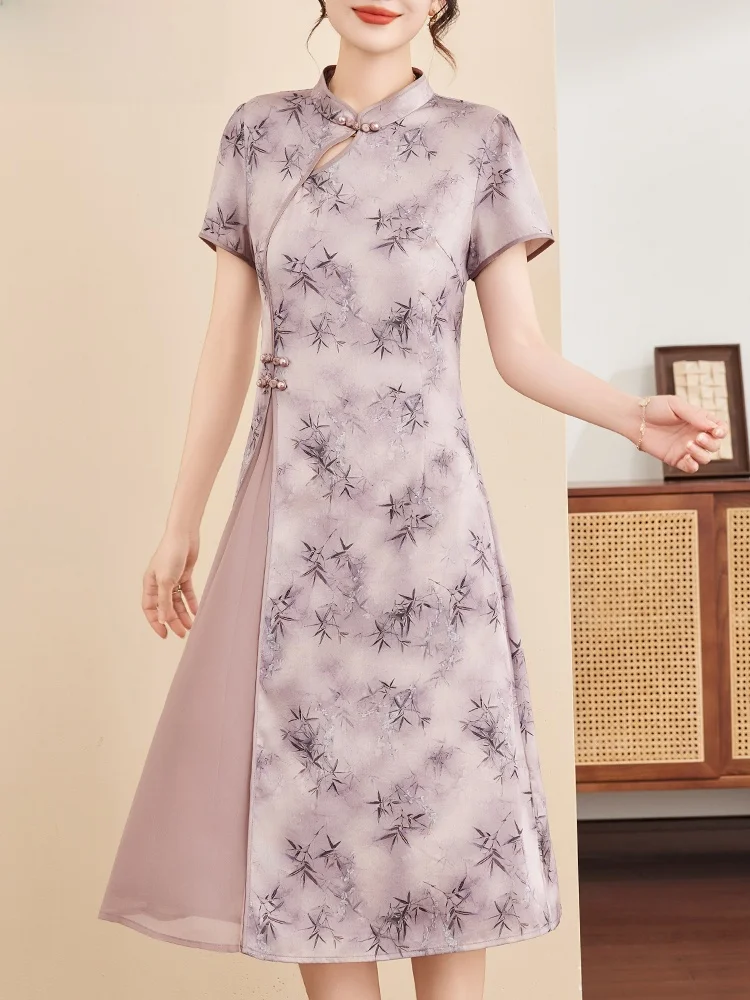 

New Chinese Sle Summer Dr Midi Length ort Sve Women's Faionable angbao Skirt Loose Fit Polyester Fabric