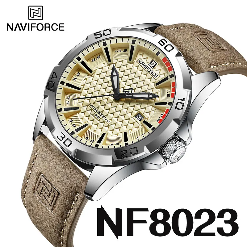 NAVIFORCE Men\'s Casual Sport Military Quartz Calendar Wrist Watch for Men Leather Water Resistant Clock Relogio Masculino NF8023