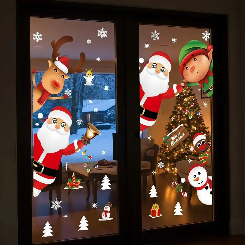 Picture 7: Christmas Window Static Stickers 2/4 Sheet Removable Santa Reindeer Snowflake Pattern for New Year Winter Home Decoration