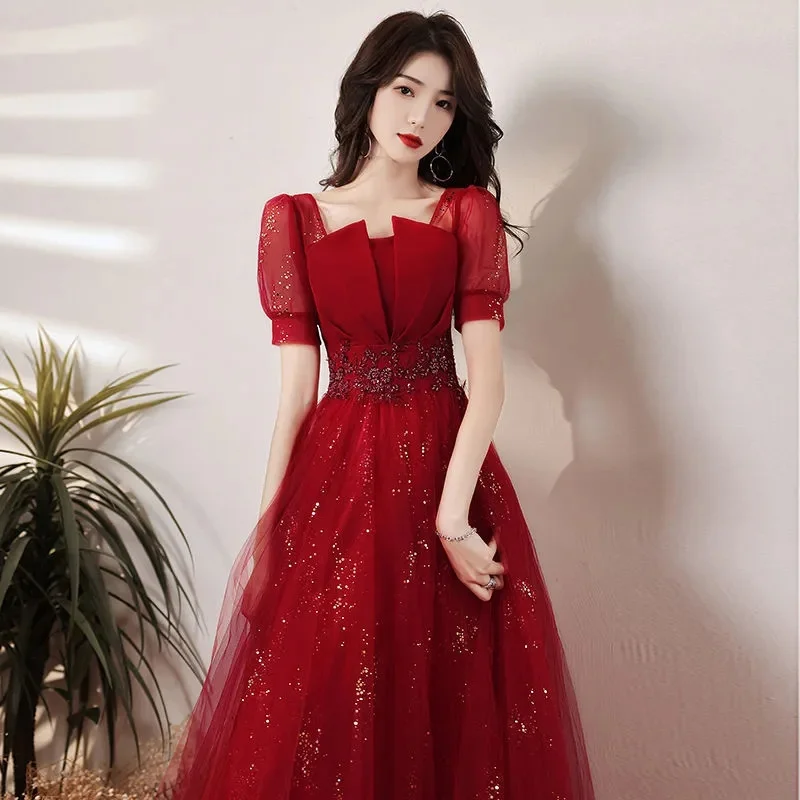 

Toast Bride 2024 New Spring Autumn Temperament Elegant Fairy Performance Veil Wedding Appreciation Banquet Evening Dress Female