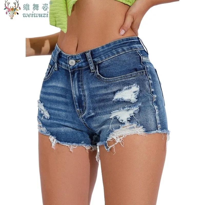 Vintage Denim Shorts Jeans for Women Fashion A-line Ripped Hem Hot Pants Streetwear Skinny Elastic Sexy Beach Vacation Shorts - Image 6