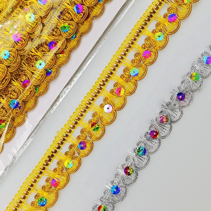 30Yard Gold Metallic Lace Trim Colorful Sequins Braid Ribbon DIY Sewing Fringe for Ethnic Dress Costume Decor Craft Supply