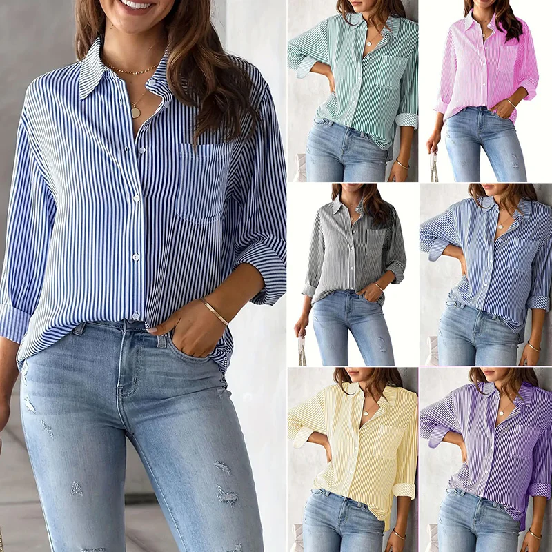

Ladies' Spring And Autumn Striped Cardigan Single-button Lapel Ladies' Shirt Loose And Casual Long-sleeved Shirt For Women