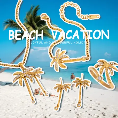 Zora Summer Vacation Beach Coconut Tree Pendant Necklace/Earrings/Bracelet/Ring Women's 18K Gold Plated Stainless Steel Jewelry