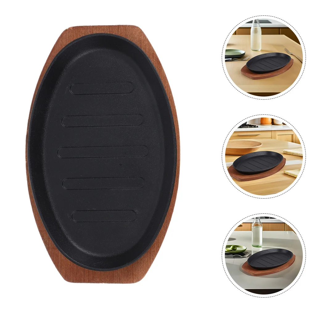 

12 Inch Cast Iron Steak Platter Sizzling Plate Wooden Base Pan Teppanyaki Fajita Server Steak Iron Plate Bbq