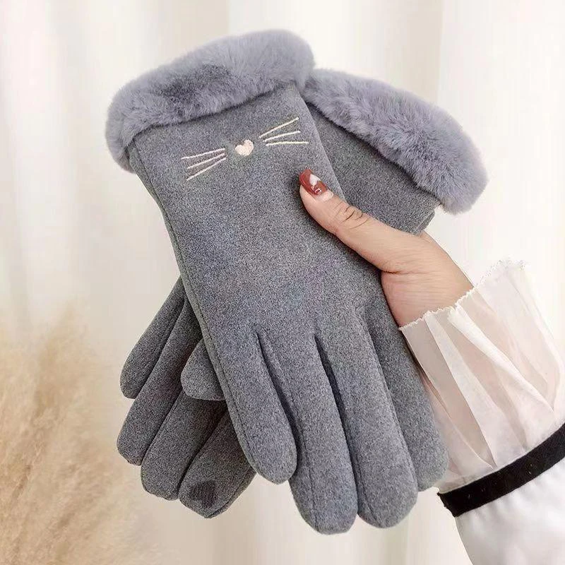 Winter Rabbit Fur Mouth Full Finger Touch Screen Plus Velvet Warm Gloves For Women