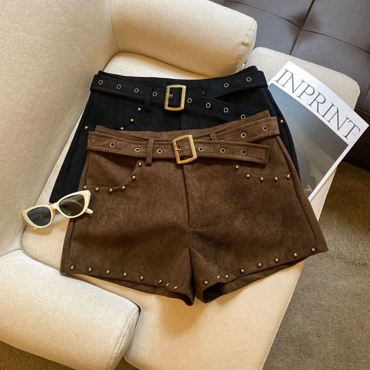 

Бархатные женские шорты из оленьей кожи с заклепками в стиле ретро, осенне-зимние новые шорты, шорты