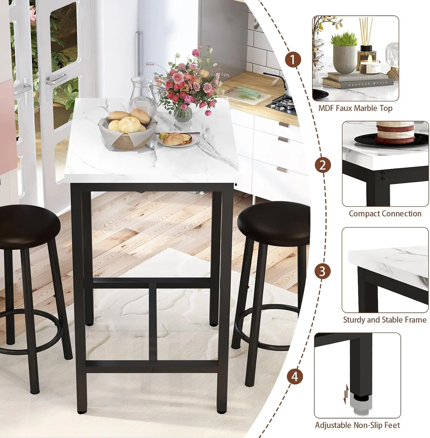3 Piece Bar Table Set of 2,Mordern Bistro Table with 2 Counter Height Barstools, Faux Marble Pub Table Set for Small Space,Small view 4
