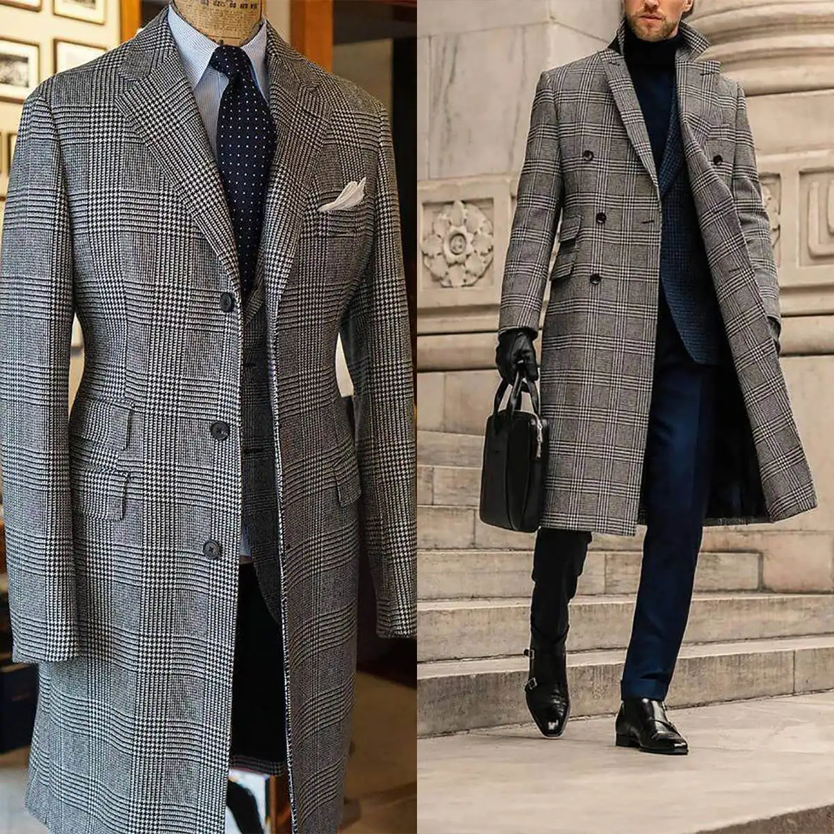 Men's coats Overcoat Houndstooth Notched Lapel Grid Stripe Thick Pockets Business Causal Daily Tailored Abrigos Para Hombre