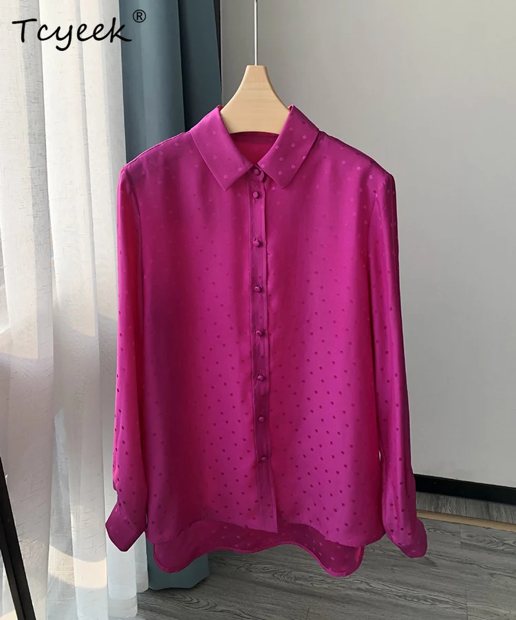 Tcyeek, camicie eleganti in seta 100% 18MM, manica lunga da donna, camicetta casual Jaquard a pois larghi, primavera autunno 2024 T4D115JC