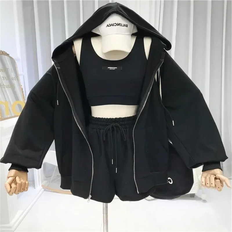 Y2k New Three-piece Casual White Vest Drawstring Running Shorts Loose Breathable Cardigan Zipper Hooded Sweatshirt Women's Set