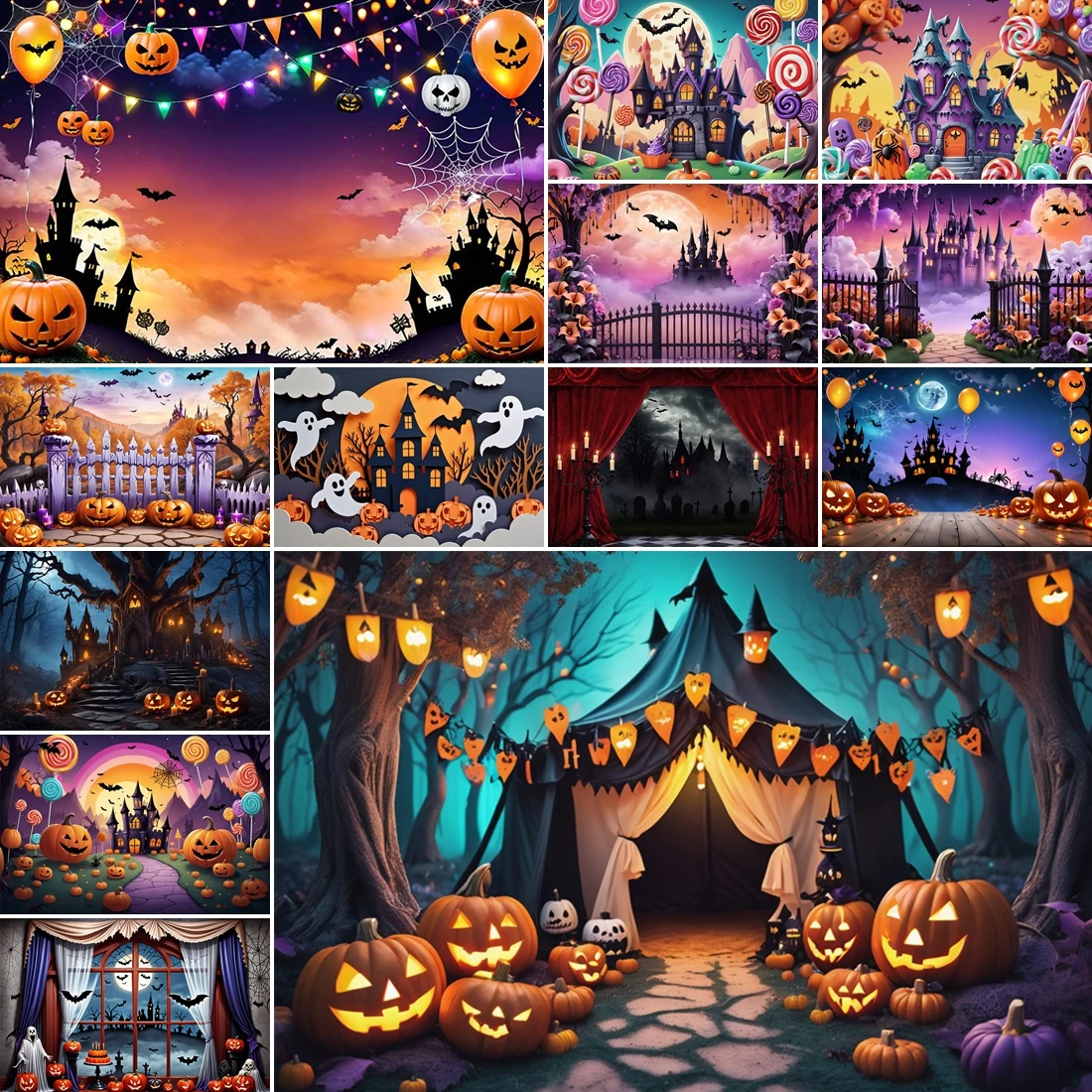 

MOON.QG Sweet Halloween Backdrop Photography Candy Castle Pumpkin Curtain Window Children Party Birthday Background Photobooth