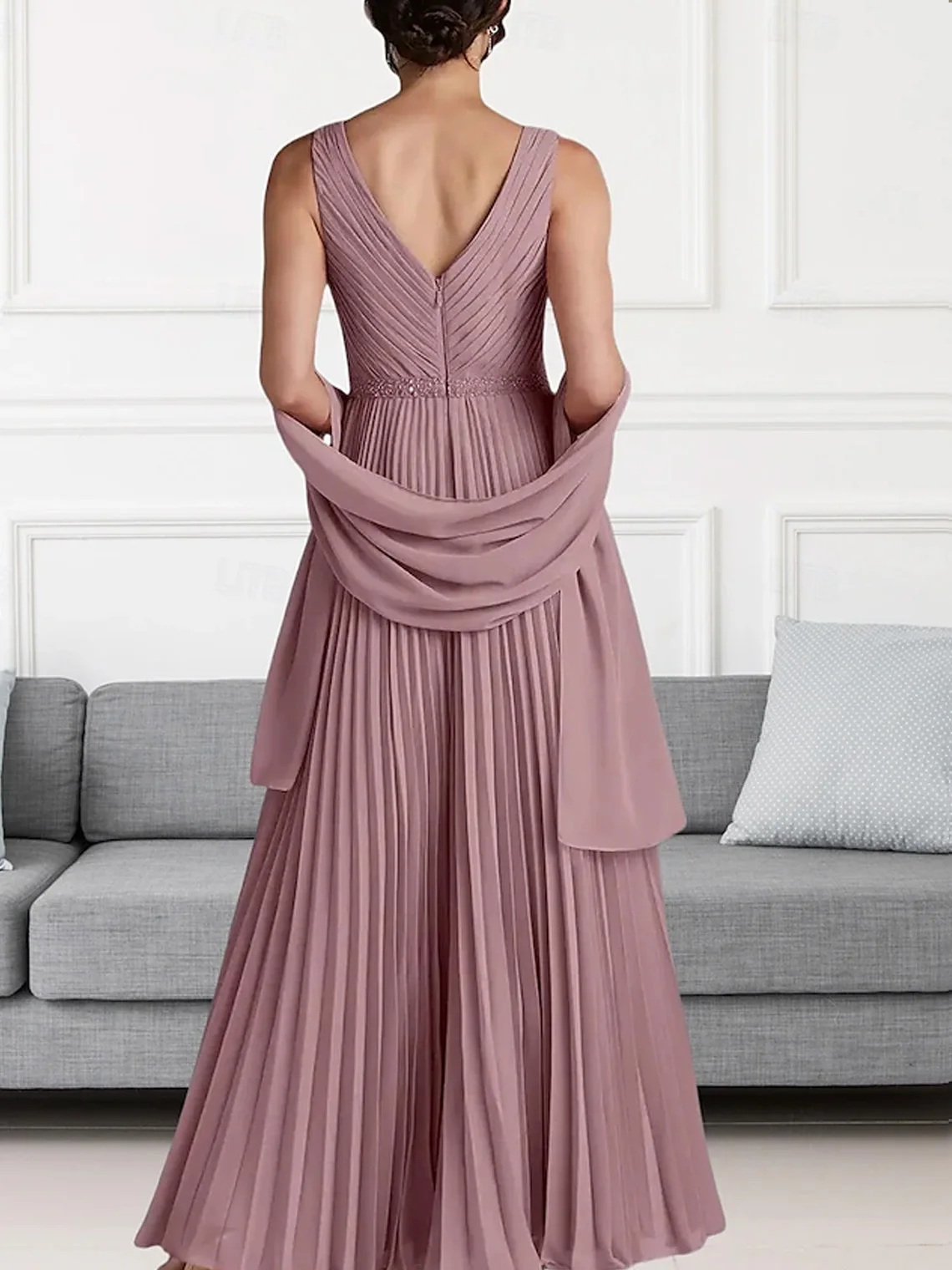 ElegantFashions A-Line Chiffon Prom Dress V Neck Floor Length Sleeveless Beading Formal Evening Gown 2025 free customized
