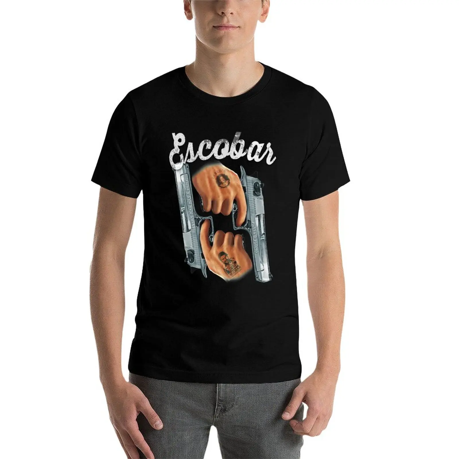 تي شيرت Escobar Guns Tattoo تي شيرت جرافيك للرجال تي شيرت قطني