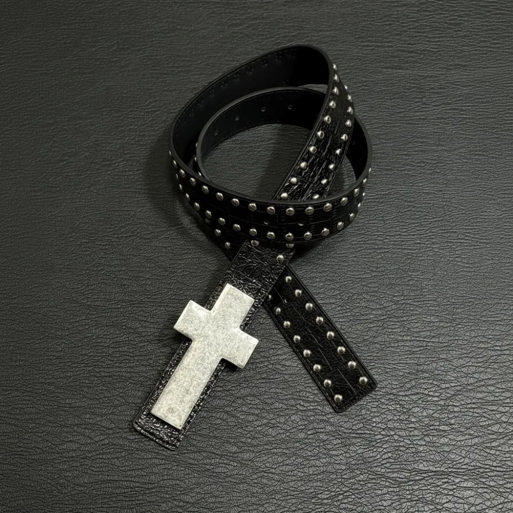 

New All-match Harajuku Style Belt Black Color Rivet Details Punk Studded Belt Studded Design Edgy Cross Hip Hop Belt Daily