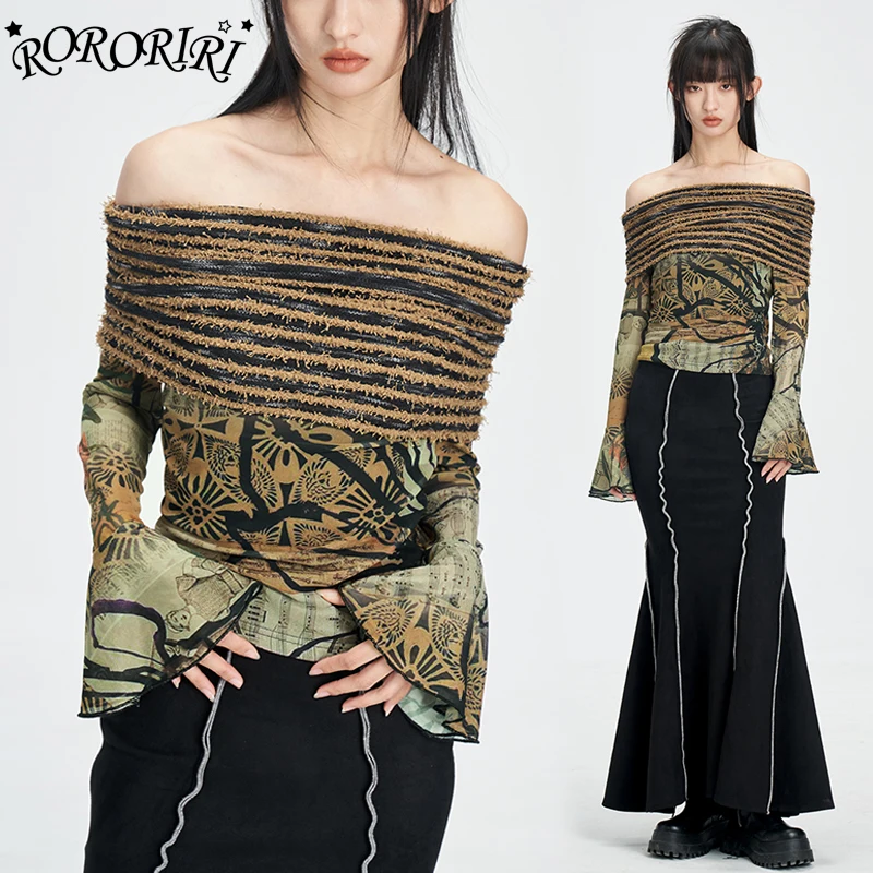 

RORORIRI Layered Mesh Off-shoulder Top Women Y2k Aesthetic Print Flare Long Sleeves T-shirt Pullover Undershirt Vintage Clothes